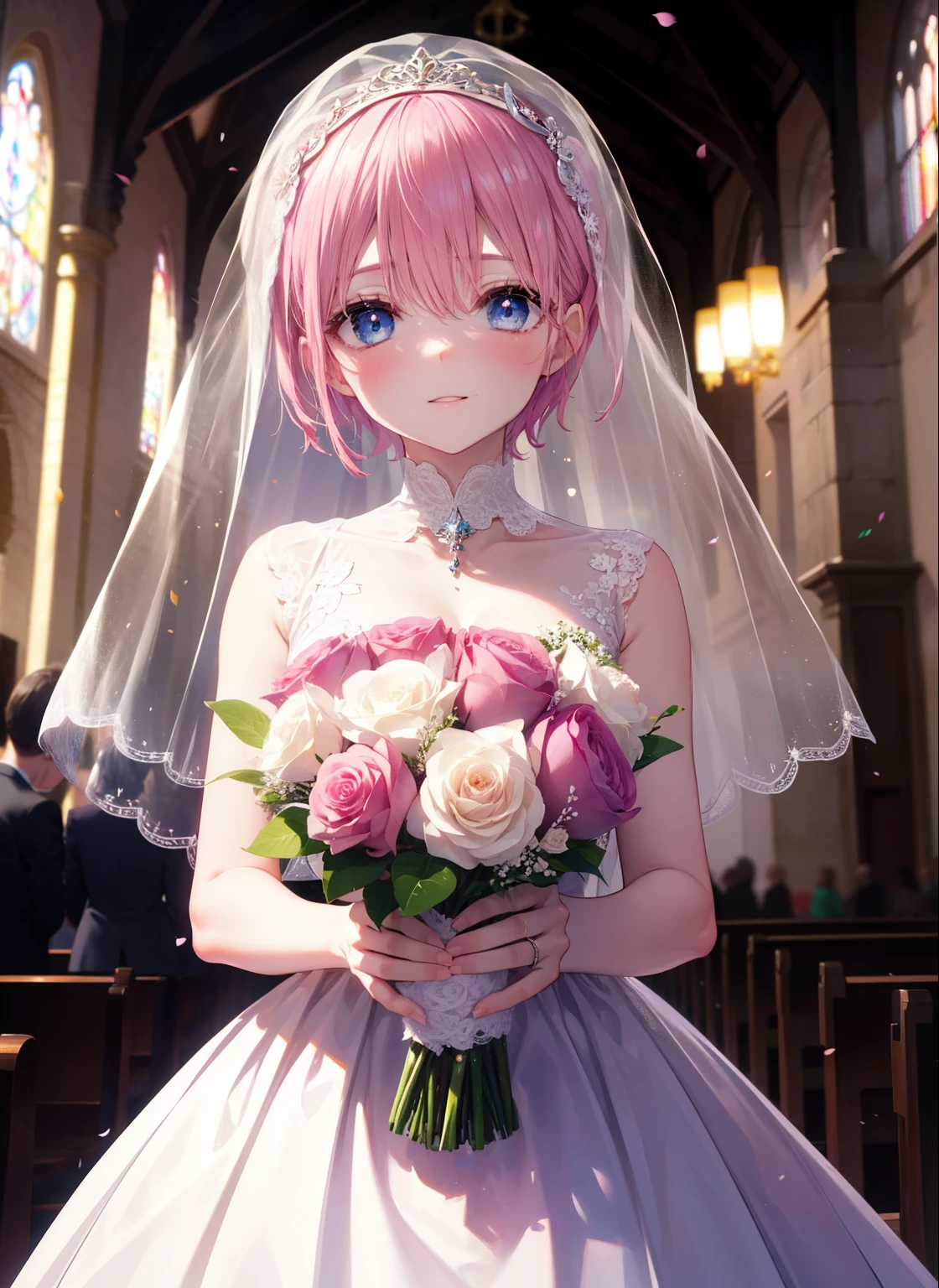 ichikanakano, ichika nakano, short hair, bangs, blue eyes, hair between eyes, pink hair,blush,smile,
Wedding dress,veil wedding skirt,bouquet,bouquetトス,holding a large bouquet of flowers in both hands,
break indoors, church,chapel,
break (masterpiece:1.2), highest quality, High resolution, unity 8k wallpaper, (figure:0.8), (detailed and beautiful eyes:1.6), highly detailed face, perfect lighting, Very detailed CG, (perfect hands, perfect anatomy),