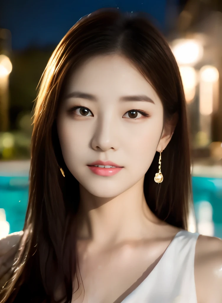 Unos 40 sentados en un banco frente a la piscina por la noche, traje ajustado blanco liso, hermosa mujer coreana, Hermosa joven coreana, Hermosa joven coreana, muchacha coreana, dilraba dilmurat, Modelo de moda femenina coreana, ulzzang, chen xintong, piel de porcelana blanca lechosa pálida, imágenes de alta calidad, Shin Jin Young, Shahi(Obras representativas: 1.3), (Resolución Máxima: 1.4), (visión ultra alta: 1.2), luz de cine, visión ultra alta, (ojos detalladosと肌), (rasgos faciales detallados),, Resolución 8K, Estilo perfecto, hermosa expresión、Textura de cara y piel muy detallada.、ojos detallados、doble párpado、delineador de ojos con brillo:1.2、