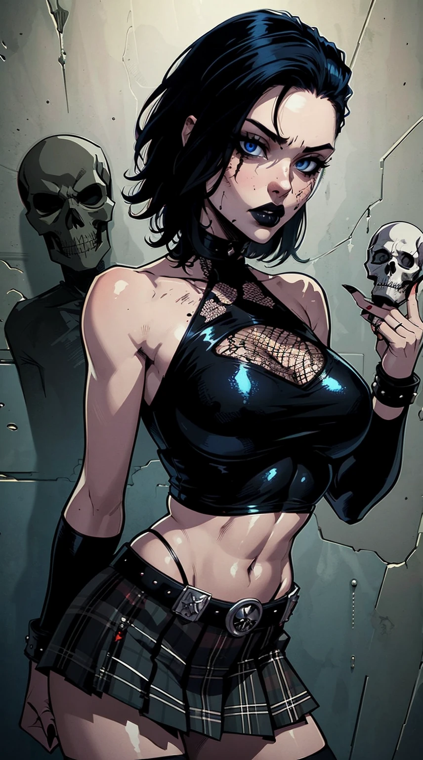 a woman with short black hair, hair on shoulders,  wearing a black cropped  and plaid skirt, blue eyes, zombie art, gothic art, cute aesthetic with vibe, toon aesthetic, wearing red costume, wearing gothic accessories, look like Cassie Hack, upper body, holding a skull in his hand, horror background