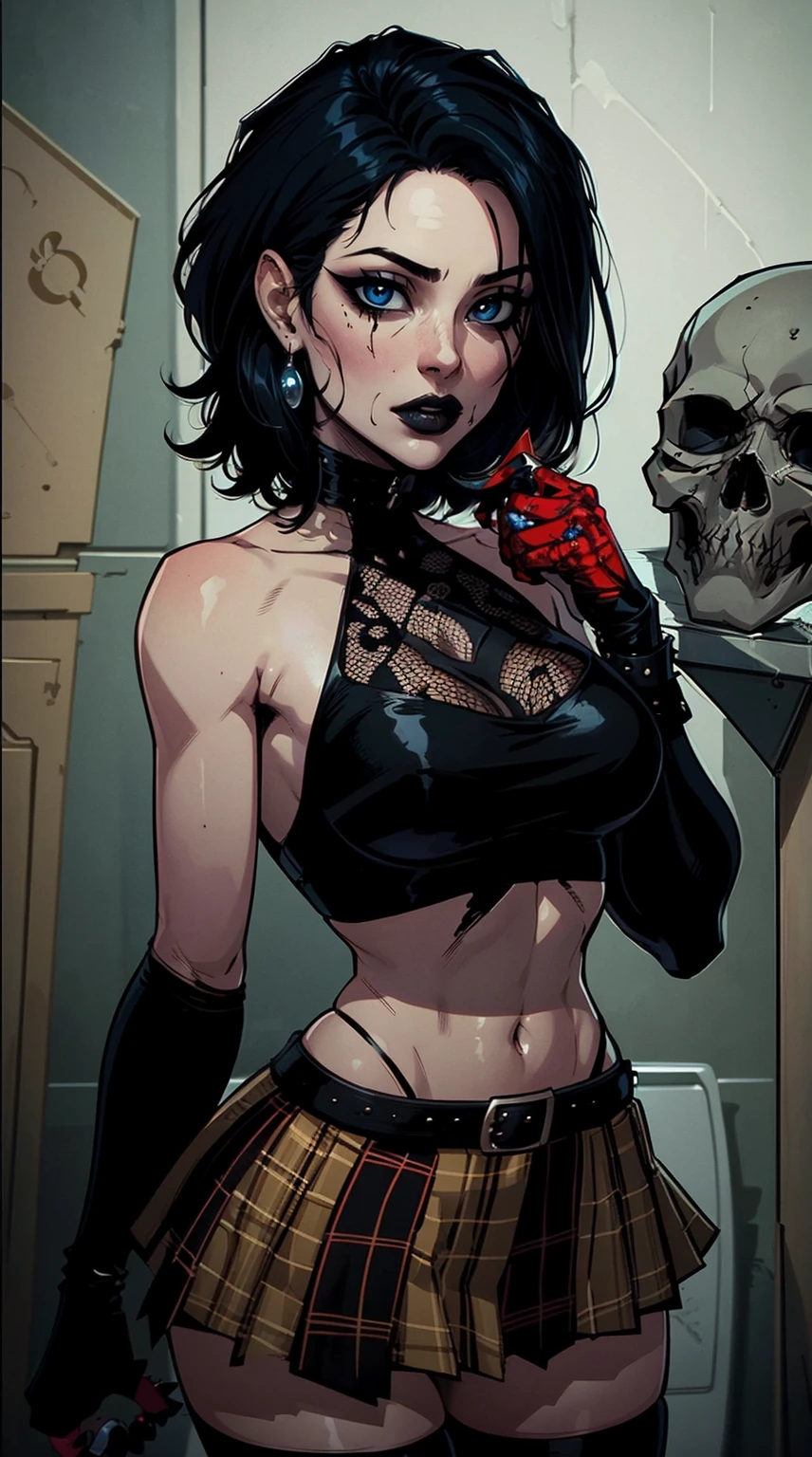 a woman with short black hair, hair on shoulders,  wearing a black cropped  and plaid skirt, blue eyes, zombie art, gothic art, cute aesthetic with vibe, toon aesthetic, wearing red costume, wearing gothic accessories, look like Cassie Hack, upper body, holding a skull in his hand, horror background