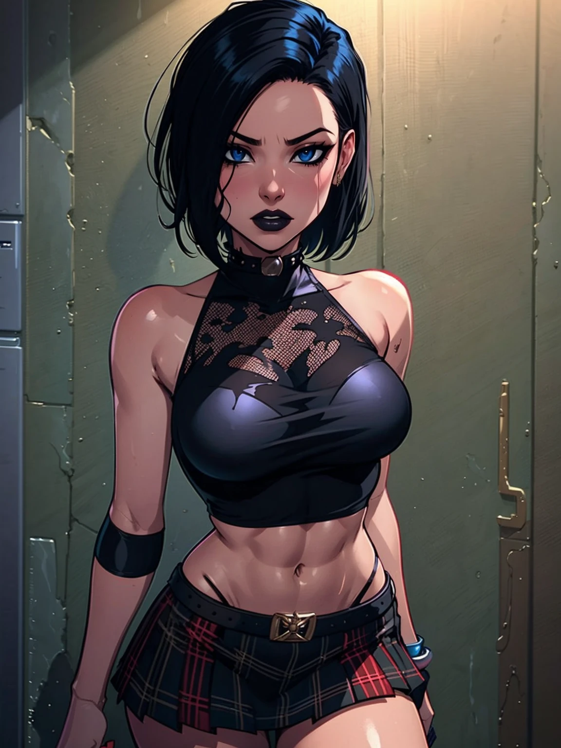 a woman with short black hair, hair on shoulders,  wearing a black cropped  and plaid skirt, blue eyes, zombie art, gothic art, cute aesthetic with vibe, toon aesthetic, wearing red costume, wearing gothic accessories, look like Cassie Hack, upper body, holding a skull in his hand, horror background