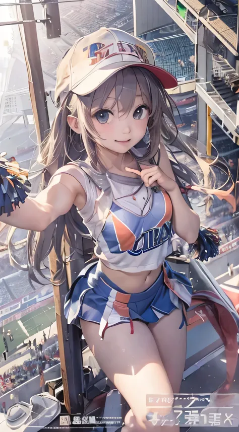 （１Cheerleader:1.3）、(stadium:1.5)、(small breasts:1.4)、close、RAW photo, highest quality, High resolution, (masterpiece), (Photoreal:1.4), cosplay, sharp focus, nffsw, 8K resolution, intricate details, written boundary depth, with front light, smile、(thin:1.3...