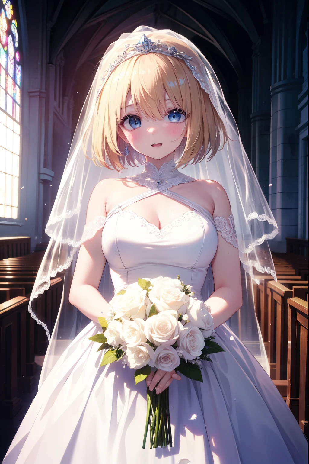 yotsubanakano, yotsuba nakano, bangs, short hair, blue eyes, hair between eyes, blush,big smile, happy atmosphere,open your mouth,Wedding dress,veil wedding skirt,bouquet,bouquetトス,holding a large bouquet of flowers in both hands, 　　　　　　　　　break indoors, church,chapel, 　　　　　　　　　　break (masterpiece:1.2), highest quality, High resolution, unity 8k wallpaper, (figure:0.8), (detailed and beautiful eyes:1.6), highly detailed face, perfect lighting, Very detailed CG, (perfect hands, perfect anatomy),