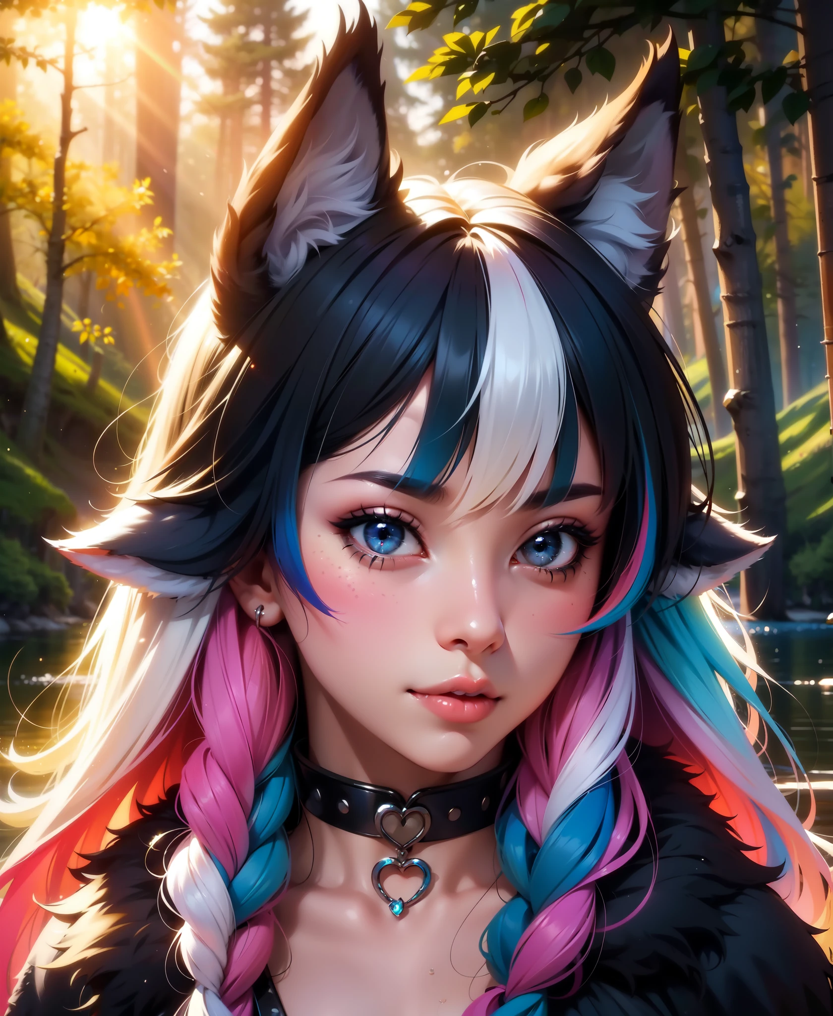 1girl, furry girl, anime furry women, (best quality)), ((masterpiece)), ((realistic)), (detailed), portrait, close up, young female, RAW photo, uhd, dslr, rainbow hair, high quality, realistic, photo realistic, dreamlikeart, lens flare, upper body, looking at viewer, animal focus, furry, wolf fursuit, 1girl, cute, kawaii, lovely, fur, fur head, wolf head, narrow waist, wolf ears, chocker with rope, blush, paw, paw shoes, rainbow clothes, stunning gradient colors, no watermark signature, detailed background, woods, small lake with island, insanely detailed, ((masterpiece)), absurdres, HDR