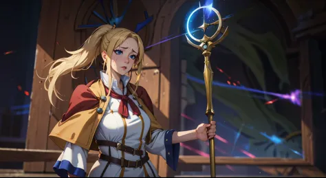 (blonde hair:1.4), blue eyes, low ponytail, (plump:1.2), epic art, fantasy art, a woman standing in front of a clock holding a wand, a character portrait, by Yang J, pixiv contest winner, maya ali as a lightning mage, rendered in 4 k, npc with a saint's ha...