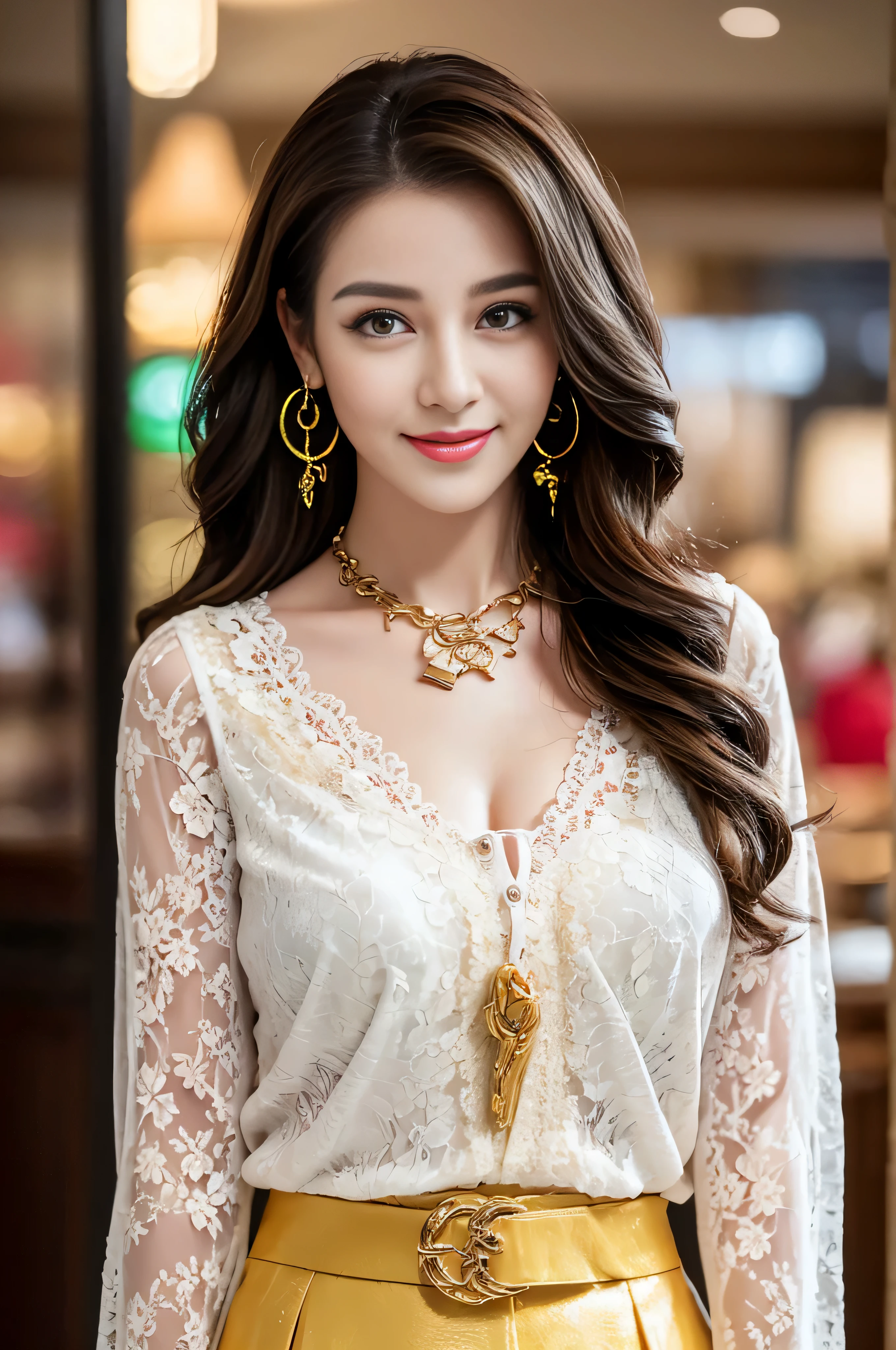 A woman in a white top and gold skirt posing for a picture - SeaArt AI