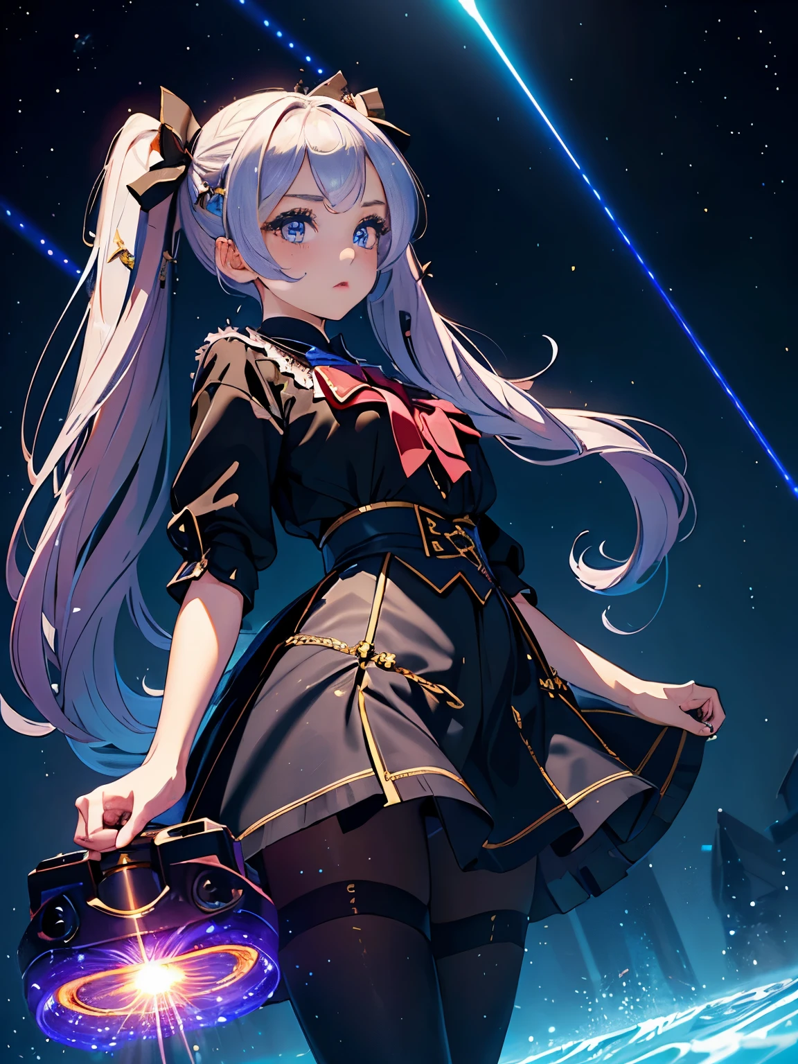 (masterpiece, exquisite, With rich detail and the highest image quality),colorful background,1 girl,close,very big eyes,Color Gradient Hair,(skirt laser:1.2),pantyhose,long laser blade,laser shining star,beautiful fine water,bust,twin tails,hair ribbon,star hair ornament,long eyelashes