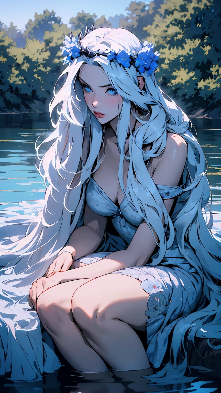 hyper-realistic  of a mysterious woman with flowing silver hair, piercing blue eyes, and a delicate floral crown, sitting on the water, whole  body