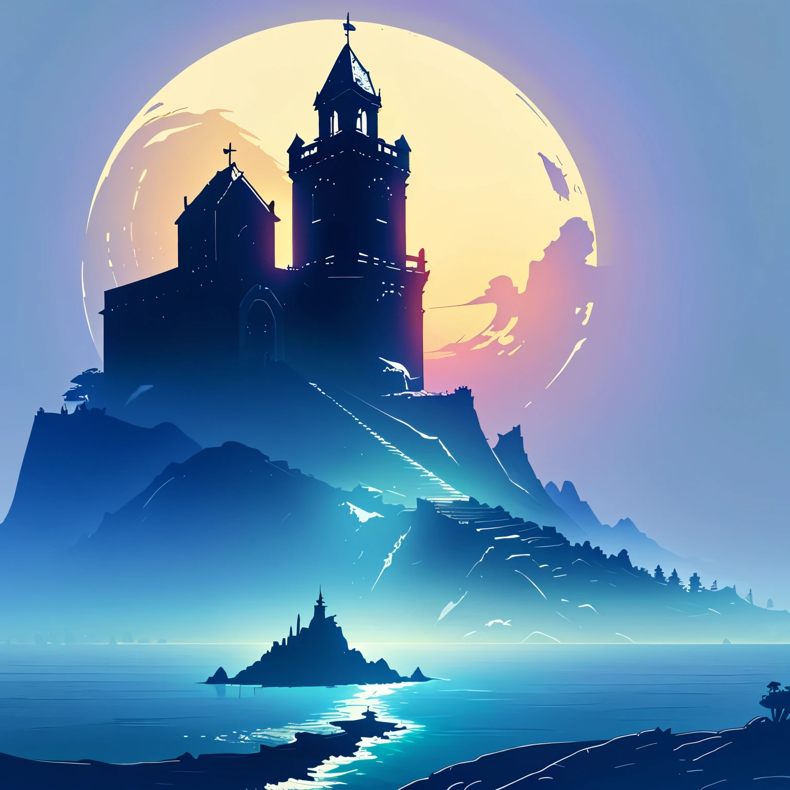 Create a 2D game design style logo, with the simple word “Acilares”, with a minimalist background of a landscape, an island surrounded by fog, silhouette of a large circular tower on the island, in the middle of the ocean, drawing the image.