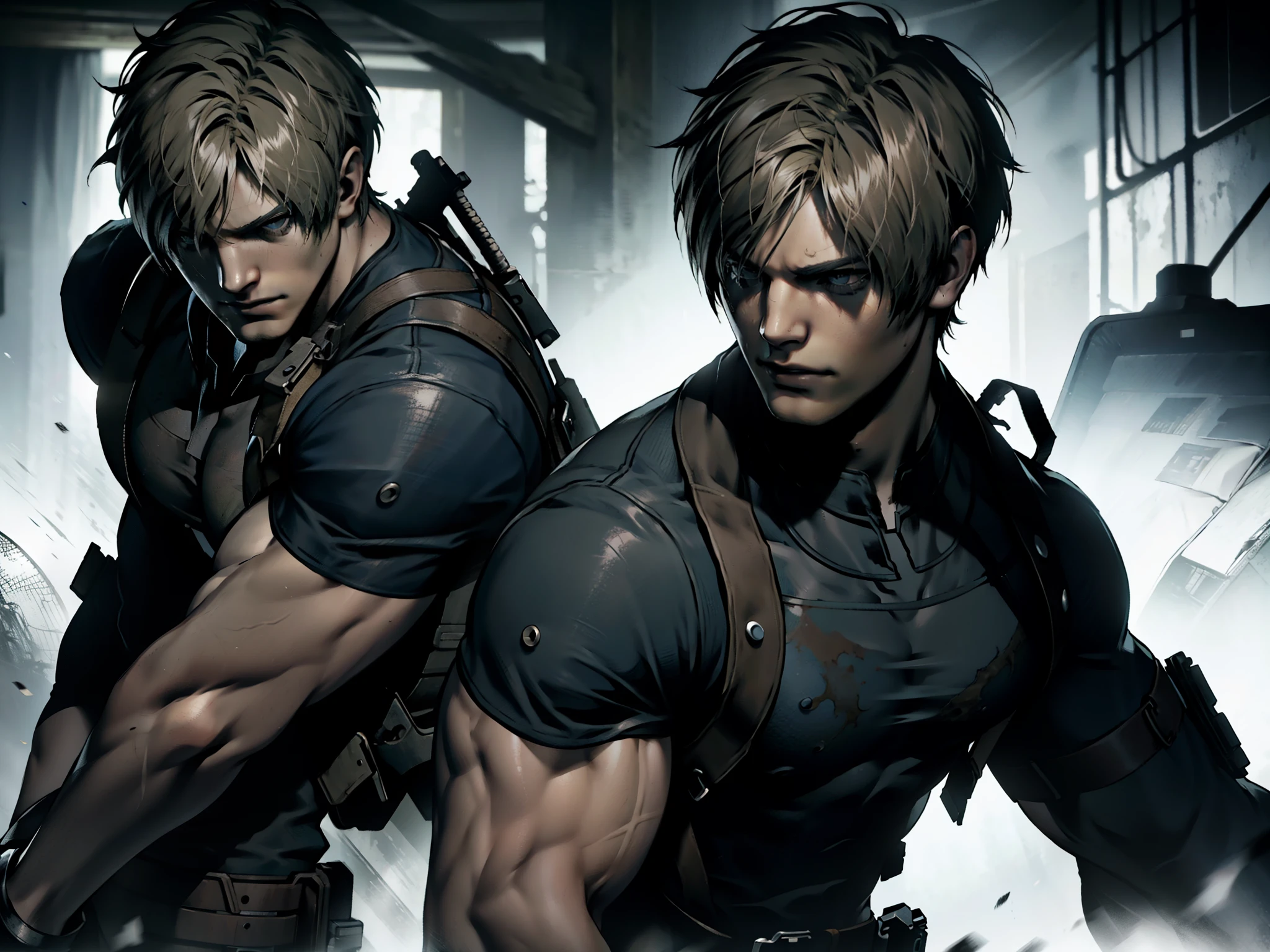 Resident Evil Leon sem camisa em pose heróica