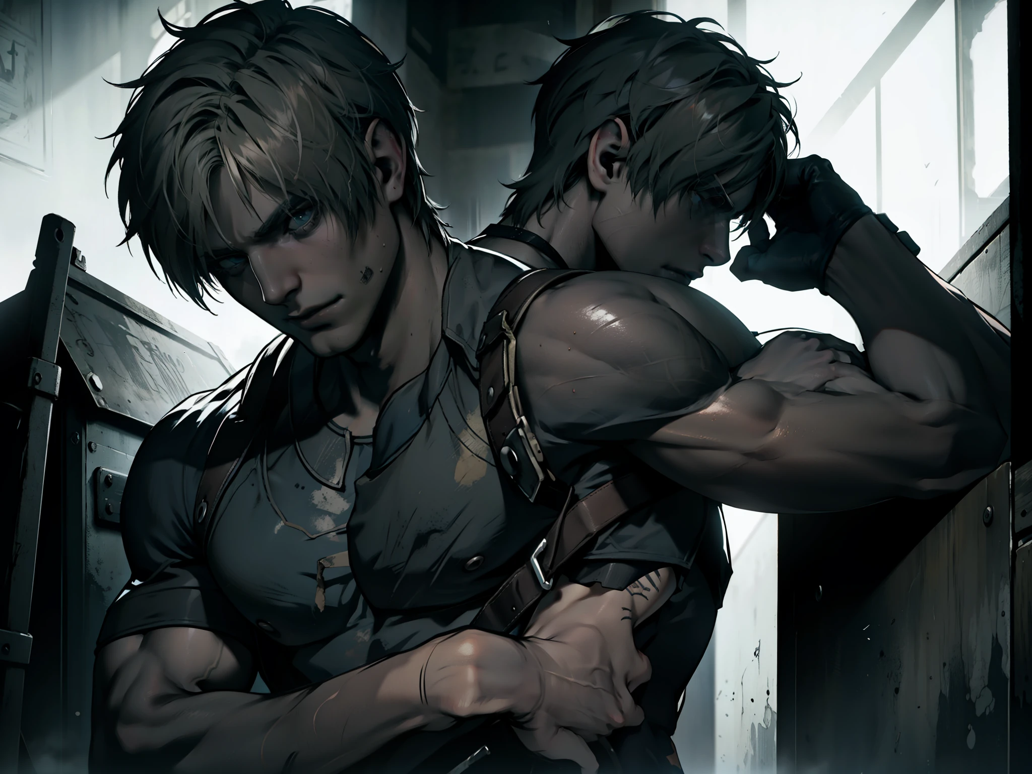 Resident Evil Leon sem camisa em pose heróica