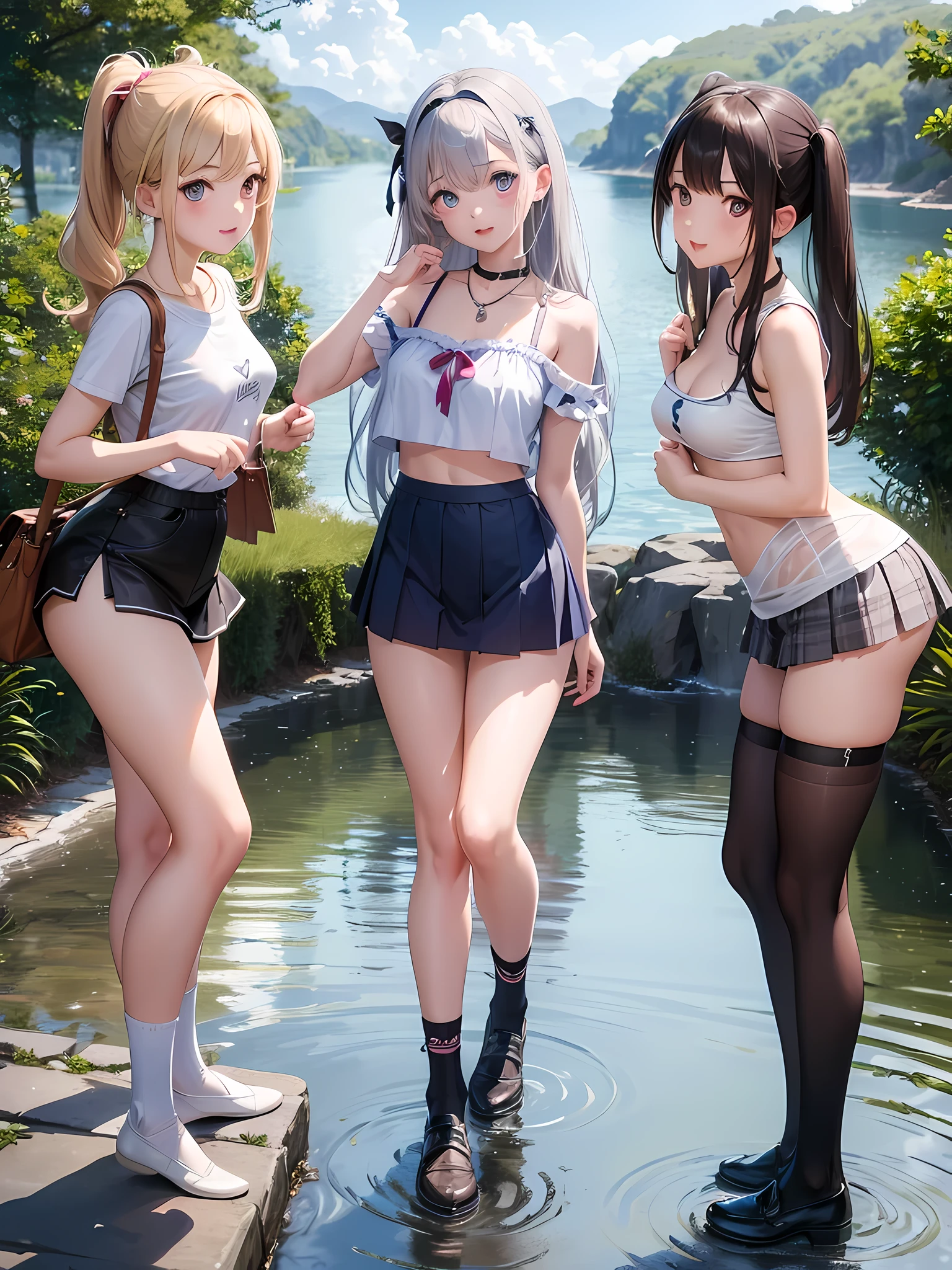 ((highest quality)), ((masterpiece)),(noble), (elegant), (cute), (3 girls:1.8), three girls are posing for a camera outdoors in the water, (Flipping one&#39;s shirt), The wind blows up my skirt,(Stand in line), (Close-up shot from the knee:1.3), perfect face, smile, (open your mouth and smile:1.3), embarrassed look, (precise fingers:1.3), ray tracing, (bubble butt), bend over, hair band, head band, hair bobble, blouse, shirt, I can see your underwear, I can see the shorts,hide genitals, hide the nipples, (pastel colored underwear), high resolution eyes, accurate eyes, (high resolution eyes:1.8), (High definition finger 1.8), light smile, , chest, realistic, knee socks, short skirt, ASİAN, Westerners, silver hair, brown hair, bionde, belly button, jewelry, looking at the viewer, necklace, water, , wet, long hair, short hair, abs,