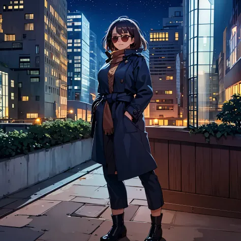 a woman in a big city with several buildings, warm clothing, sunglasses, at night