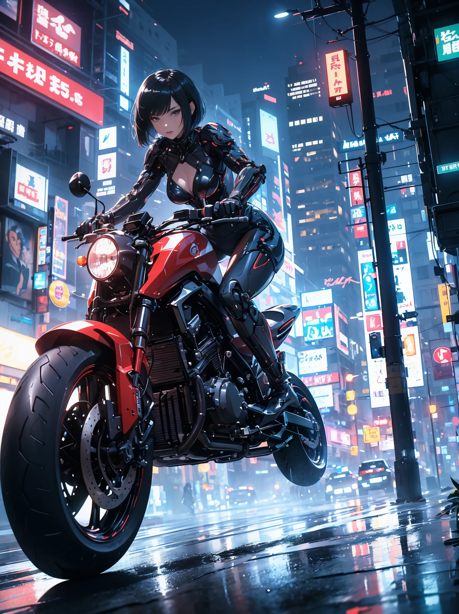 （female cyborg riding a motorcycle）（（（In 8K. ＨＤＲ.hyper realism、master piece 1.2、wlop1、cinematic、Detailed content、Live photo 1.2, Highest quality 1.2、 Super detailed、very detailed、perfect shading、Low angle full body shot 1.2、1 photo、Commercial photo 1.2、50mm 、film grain、SF）））、（（（Cyborg running on a bicycle、）））(mechanical joint: 1.2),((mechanical limbs)),(blood vessels connected to tubes),(mechanical vertebrae attached to the back),((Mechanical cervical connection to the neck) ), No expression, (wires and cables attached to the neck: 1.2), (Head wires and cables: 1.2), (focus on character), （rider suit、buildings at night、buildings at night、impressive night view、cyberpunk world、ride a motorcycle、ride a motorcycle),, (focus on character、Angle from the side)、（white skin、small breasts、black hair、short bob、bob hair、bangs）