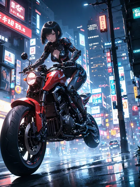 （female cyborg riding a motorcycle）（（（In 8K. ＨＤＲ.hyper realism、master piece 1.2、wlop1、cinematic、Detailed content、Live photo 1.2,...