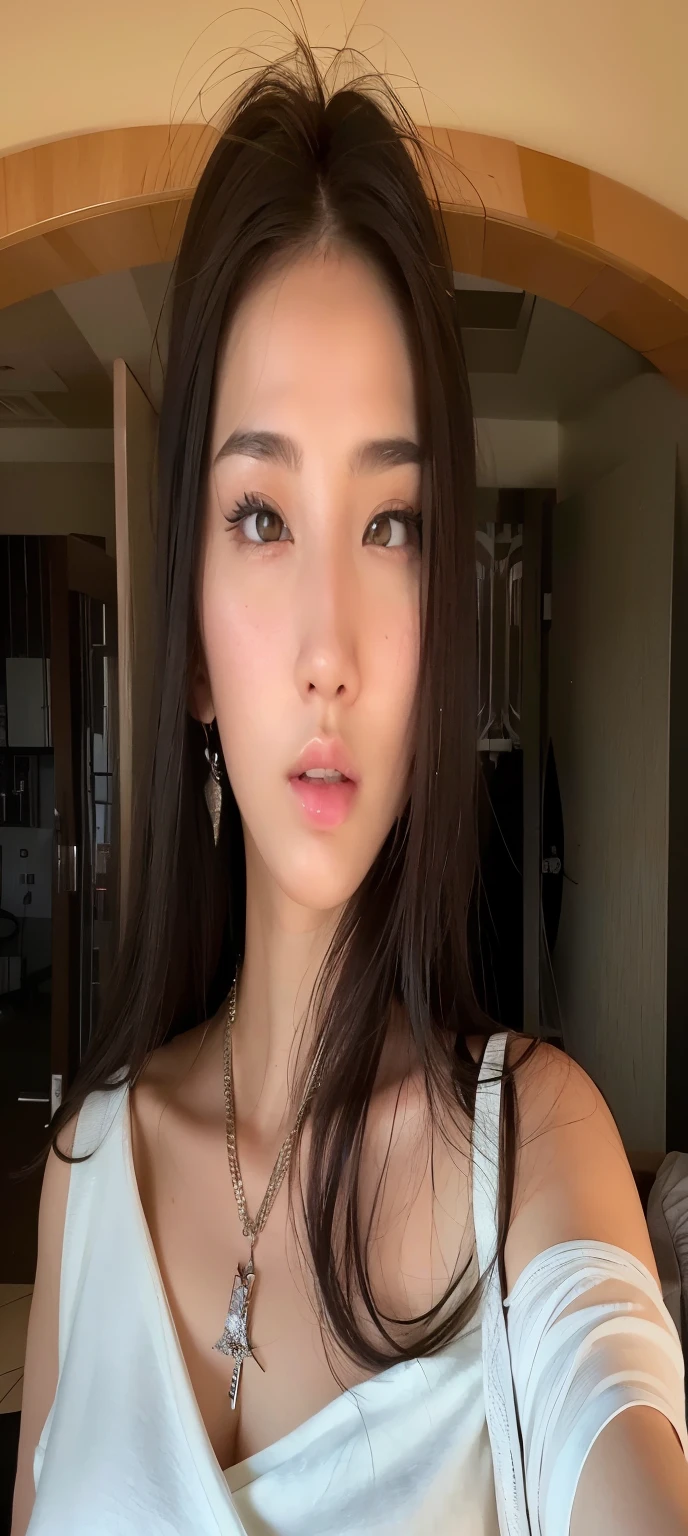 A close up of a woman with long hair wearing a white shirt - SeaArt AI