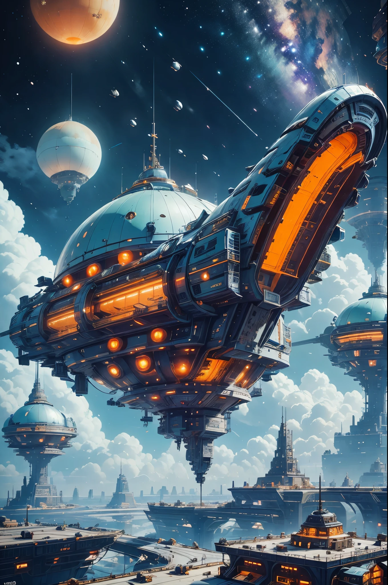 (best quality,4k,8k,highres,masterpiece:1.2),ultra-detailed,(realistic,photorealistic,photo-realistic:1.37),space station,extraterrestrial architecture,otherworldly structures,interstellar highways,cosmic structures,astounding futuristic cities,grandiose celestial skyscrapers,spectacular glass domes,glowing energy fields,immense spacecraft,massive docking ports,zero-gravity gardens,astronauts exploring,advanced technology,alien civilization,cosmic landscape,surreal cosmic backgrounds,stalled skies,ethereal lighting,vivid colors,luminous hues,majestic nebulas,intergalactic travel,hyperspace portals,interdimensional architecture,sci-fi fantasy,awe-inspiring artwork,space exploration concept,exploring uncharted territories,limitless imagination