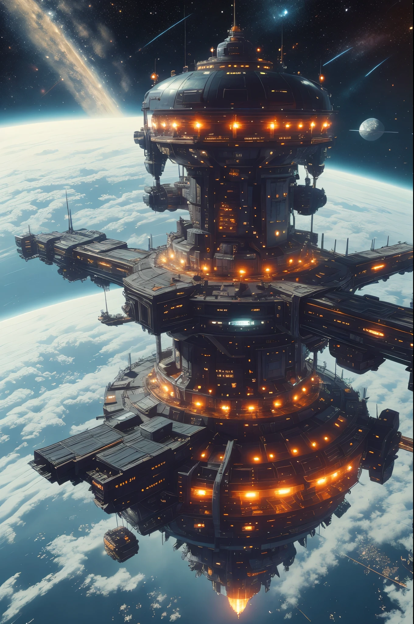 (best quality,highres),sci-fi,futuristic,space station,spaceship,detailed futuristic design,advanced technology,cosmic atmosphere,glowing lights,dark background,stars,distant galaxies,modern architecture,zero gravity environment,digital screens,curved corridors,high-tech equipments,sleek spacesuits,vivid colors,impressive scale,mysterious atmosphere,large observation windows,interstellar travel,expansive views,unexplored territories,awe-inspiring scenery,unfamiliar alien lifeforms,adventure,exploration,spacecraft docking,orbital maneuvers,thrusters firing,grand space opera,distant future,intergalactic mission,robotic companions,stellar discoveries,extraterrestrial encounters,impressive visual effects,multiple dimensions,parallel universes,distant civilizations,dynamic energy,cosmic energy flow,harmony between technology and nature.