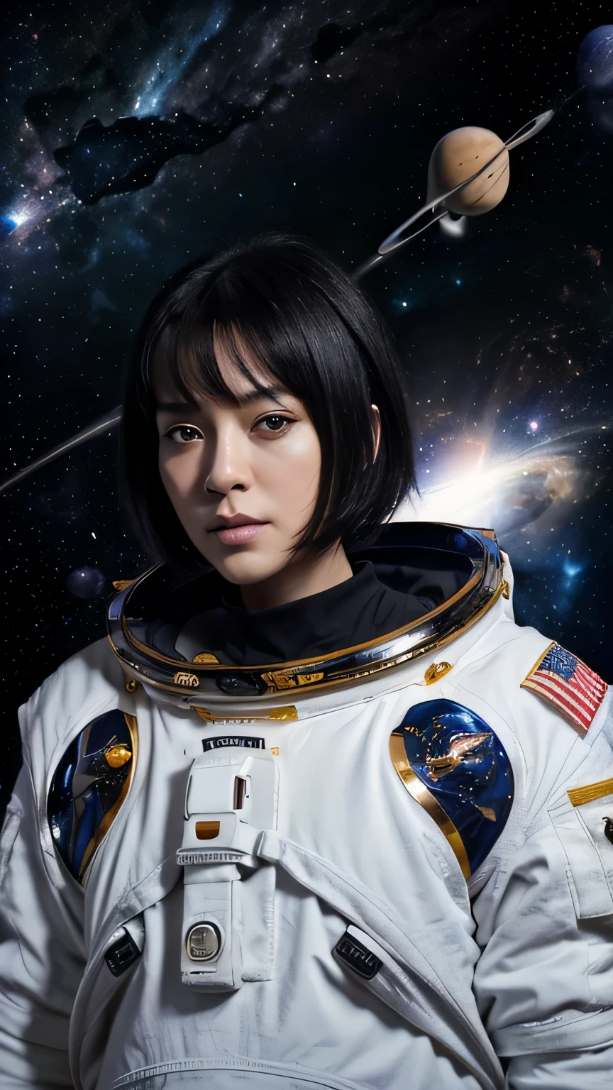 (((space background))), (highest resolution, clear_image), highest quality, masterpiece, very detailed, semi-realistic, woman with shoulder-length black hair, black eye, mature, mature woman, emperor&#39;Sister of, sexy, short hair, triple bang, uniformを着た兵士, uniform, front line of fighter jets, future, SF, (((space background))),