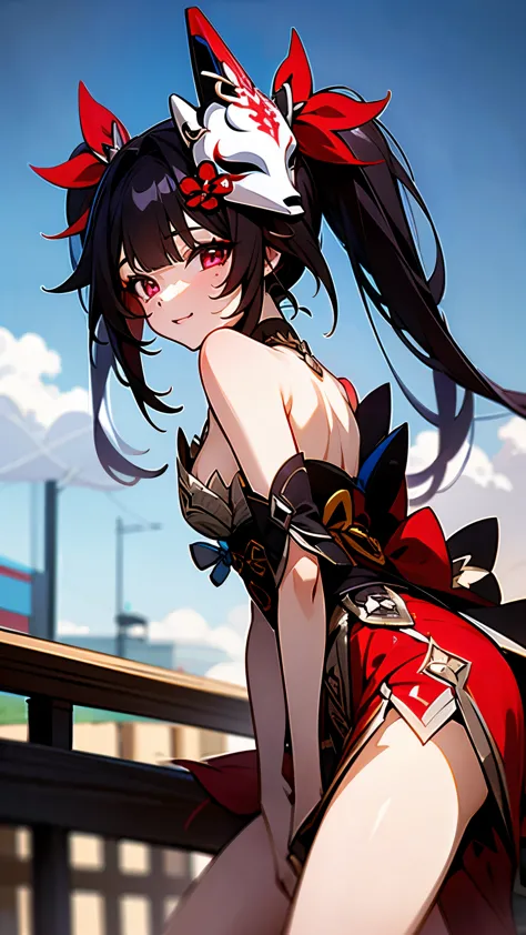 1girl, sparkle from honkai star rail, black twintail hair, red eyes, wearing her outfit, japanese mask, doing daily activities, outdoor, very detailed background, many furnitures, masterpiece, highres, ultrahd,