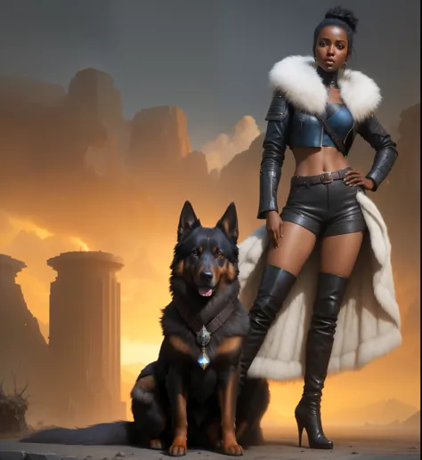 beautiful dark skinned ebony treasure hunter, perfect face, wearing leather jacket with fur collar, thigh high boots, blue jeans...