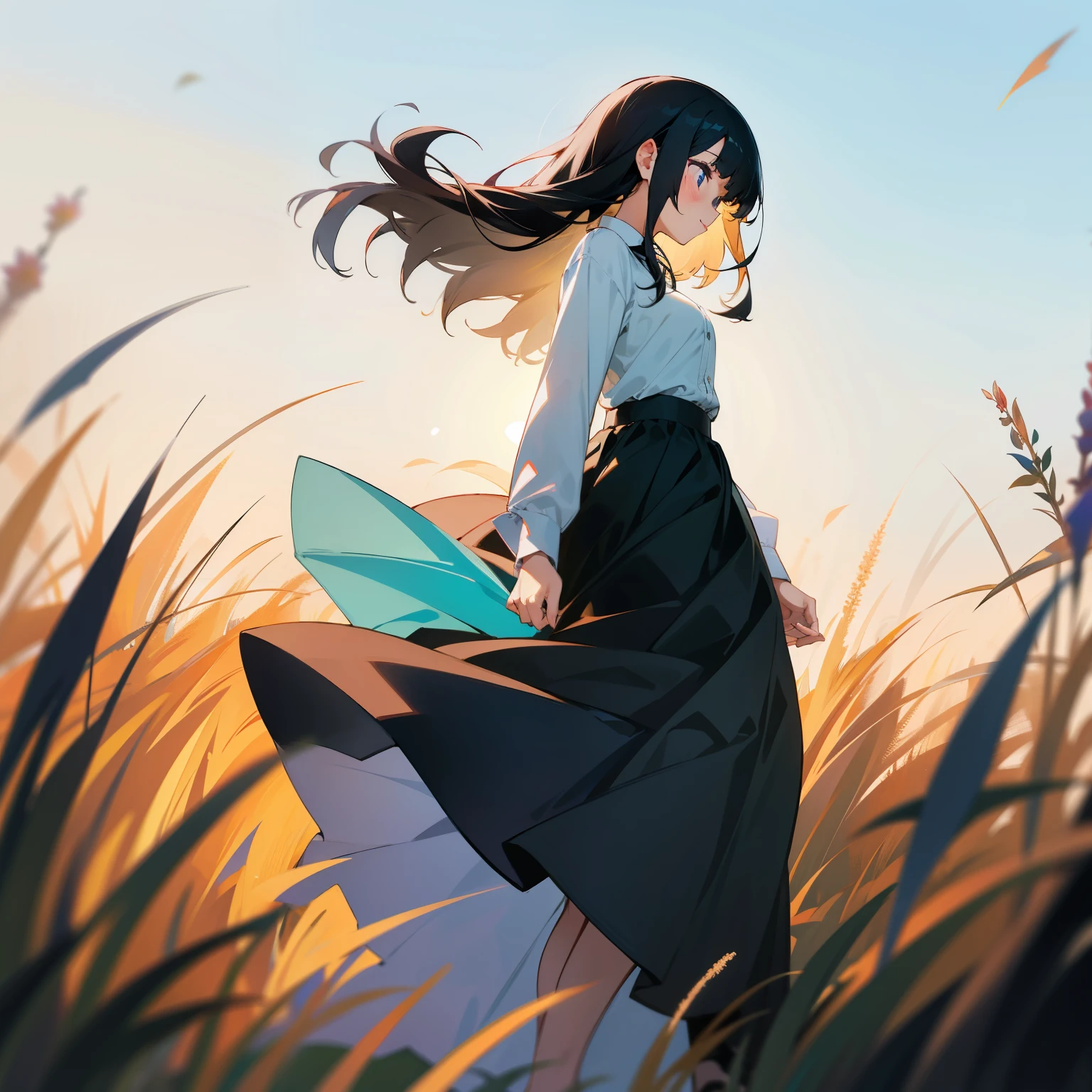 Anime girl in a field of tall grass with a blue umbrella - SeaArt AI