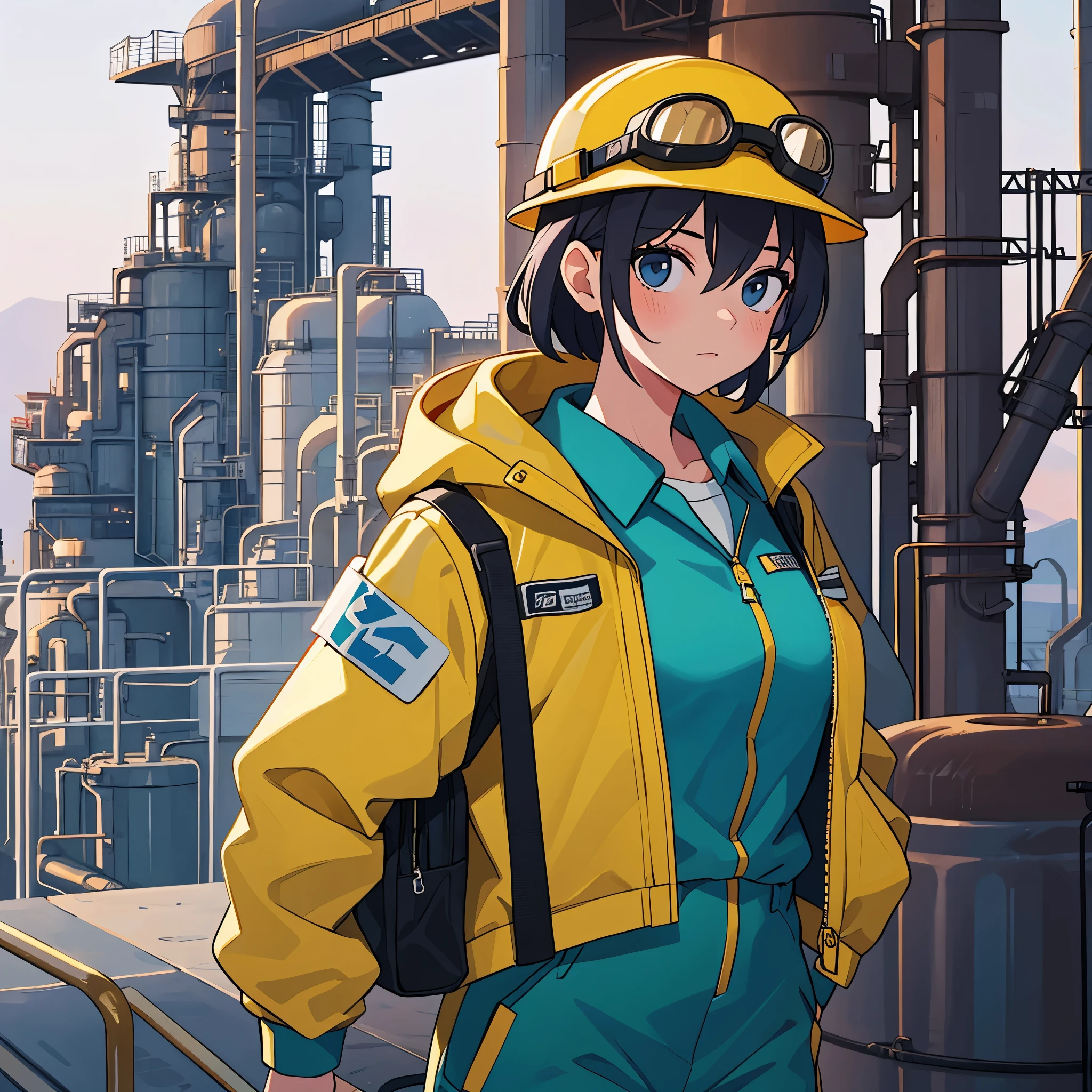 One girl, just one girl, 1 girl, wearing a jumpsuit, wear a safety hat, at the oil refinery, wearing a goggles