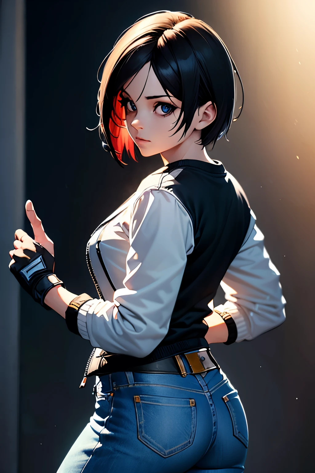 (best quality, highres, ultra-detailed, realistic:1.37), 1 girl, fingerless black gloves pointing upwards, wearing a white jacket, jeans, and a black t-shirt with a white cross, inspired by The King of Fighters style, vivid colors, sharp focus, portraits, medium: digital painting, with a cool-toned color palette, dynamic lighting