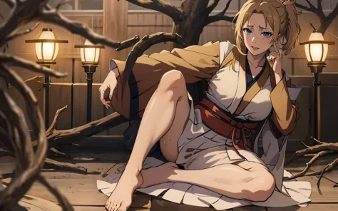 (blonde hair:1.4), blue eyes, low ponytail, (plump:1.2), sweating, glowing eyes, heavy breathing, female focus, tree, japanese_clothes, solo, hakama, outdoors, 1girl, looking_at_viewer, standing, nature, kimono, blurry, long_sleeves, aqua themes, lips, loo...