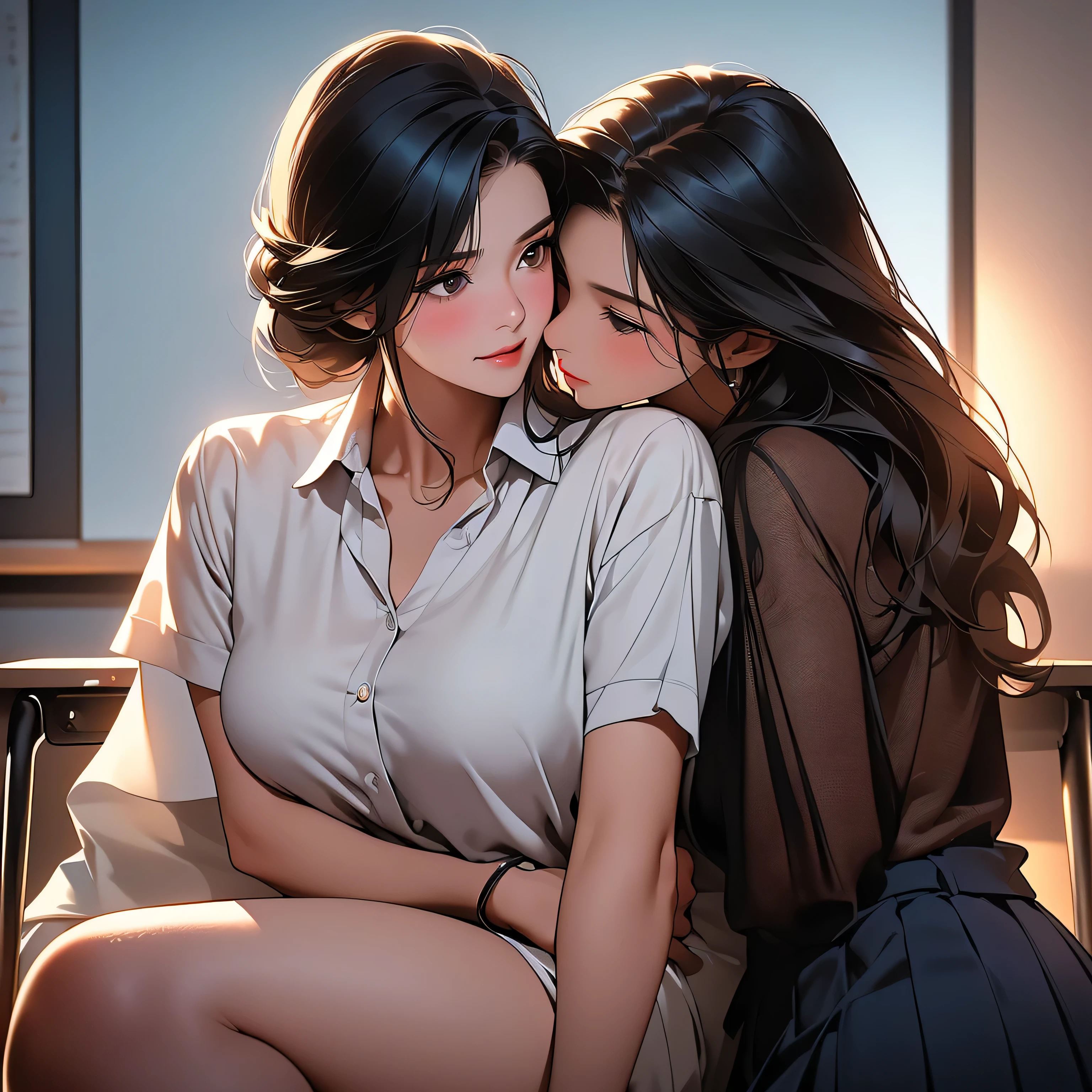NSFW, (((masterpiece, best quality, Photo realistic))), (shiny skin), (UHD, 8K wallpaper, High resolution), Perfect anatomy, Cinematic lighting, physically-based rendering, award-winning, extremely detailed skin, extra detailed face, eyes with beautiful details, Carl Zeiss 85 mm F/1.4, (2 woman and 2 girl, couple:1.5), 2 Cute 18-year-old Japanese girls, standing in class, (long black hair, brown eyes, round face), medium breasts, wet blouse with ribbon, navy pleated Skirt lift, (noseblush, naughty, half opened eyes, drooling), spread legs, thigh focus, in the classroom, blue hour, (1 woman is a mature female teacher, a mature female teacher is hugging the girl from behind:1.5), a mature female teacher is not wearing clothing, (a mature female teacher's fingers in girl's :1.5), [full body shot], shot from below, wet kiss, lesbian kiss,