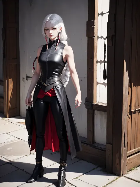 (red eyes), solo, 1girl, young girl, cheerful smirk, shadow on eyes, pale skin, (long white hair with single braid), (messy haircut), ((fantasy medieval clothes), (black sleeveless shirt)), ((light armored clothes)), leather pants, lightweight shoes, full-...