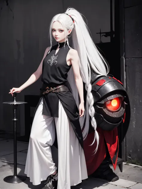 (red eyes), solo, 1girl, young girl, cheerful smirk, shadow on eyes, pale skin, (long white hair with single braid), (messy haircut), ((fantasy medieval clothes), (black sleeveless shirt)), ((light armored clothes)), oversized canvas pants, lightweight sho...