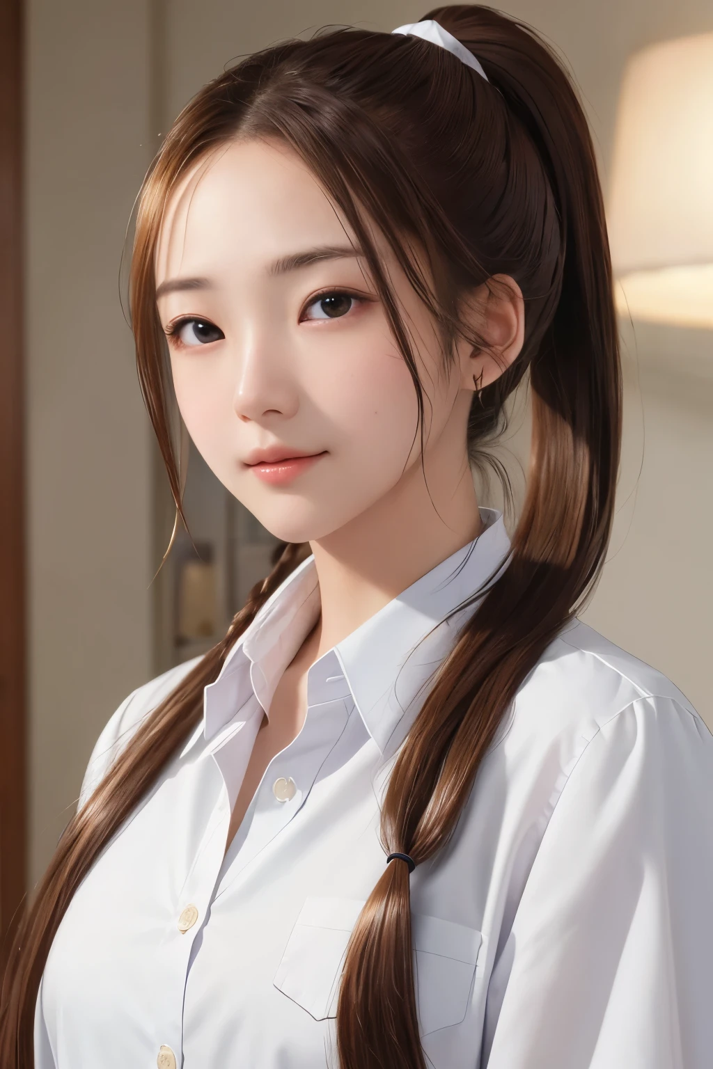 Super high resolution、masterpiece、highest quality、
highly detailed face、detailed eye、very complicated、、perfect shiny shiny skin、perfect lighting、detailed lighting、dramatic shadow、ray tracing、16 years old、
1 girl、ponytail hairstyle、Upper body、female doctor&#39;s coat、white shirt、looking at the viewer、(slight smile:0.4)