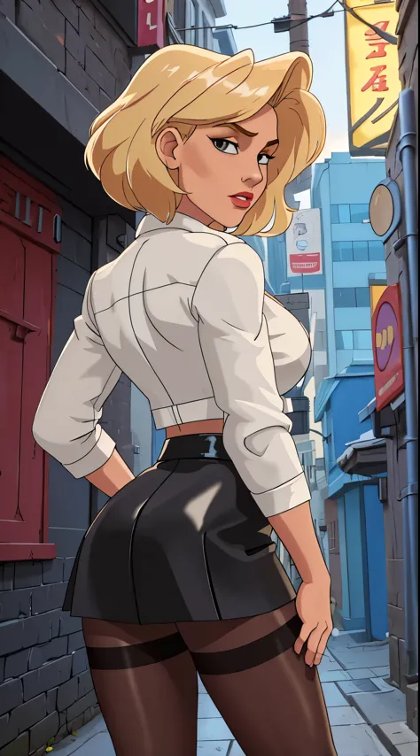 ((masterpiece, best quality)),solo,1girl, loriloud,  loud, large breasts, highres, blonde hair, short hair, detailed, soft lighting, outdoors, pantyhose, lingerie, black skirt, black leather jacket, white shirt, background : alleyways, rear view