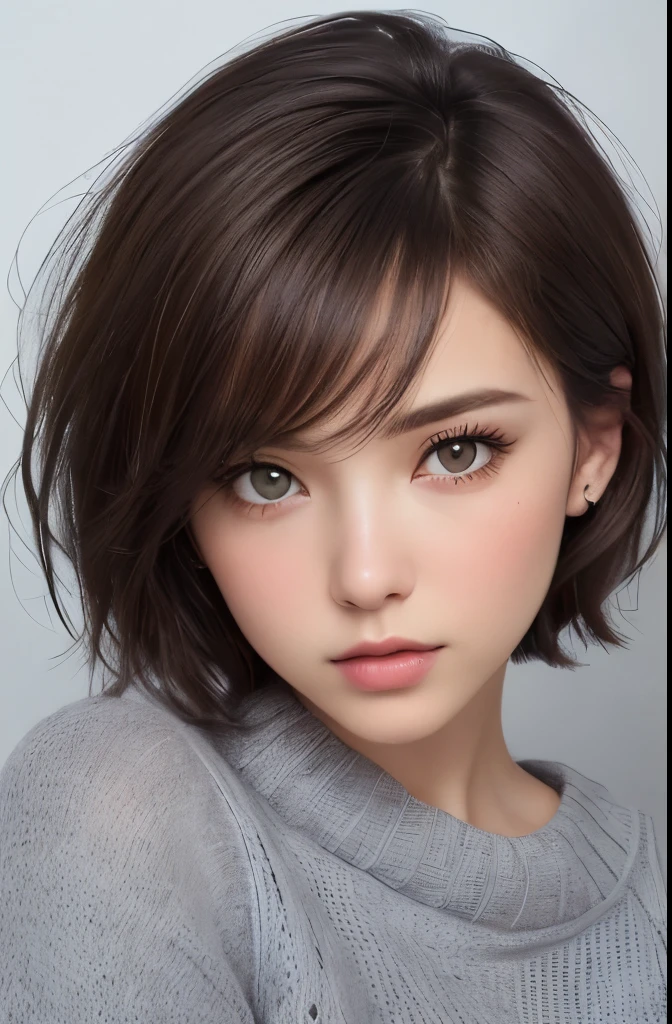 (Representative works:1.4)、(8K、photorealistic、RAW photo、Highest image quality:1.4)、(30 year old mature woman)、beautiful face、(realistic face)、(dark brown hair、short hair:1.3)、beautiful hairstyle、realistic eyes、beautiful detailed eyes、(realistic skin)、beautiful skin、(sweater)、uncoordinated、charm、ultra high resolution、Super realistic、High definition、golden ratio、Gray background