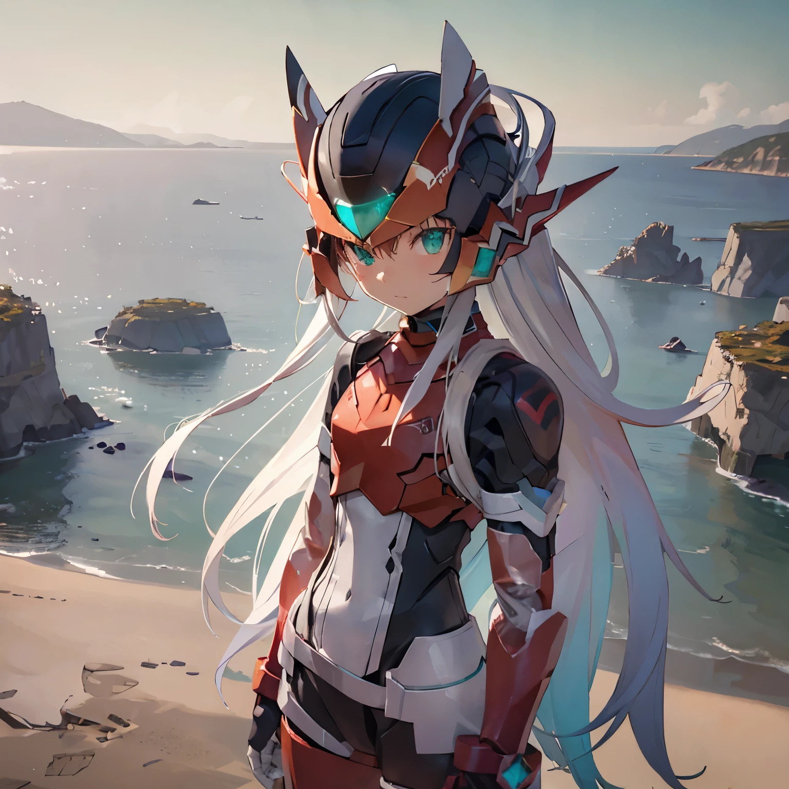 megzeromyth2023,1boy, long white hair, red armor, green energy sword, 8k, uhd, best quality, masterpiece, intricate, overlooking the ocean on the edge of a rock, in the style of avian-themed, realistic yet stylized, villagecore, azure, orange and azure, dragoncore, aerial view