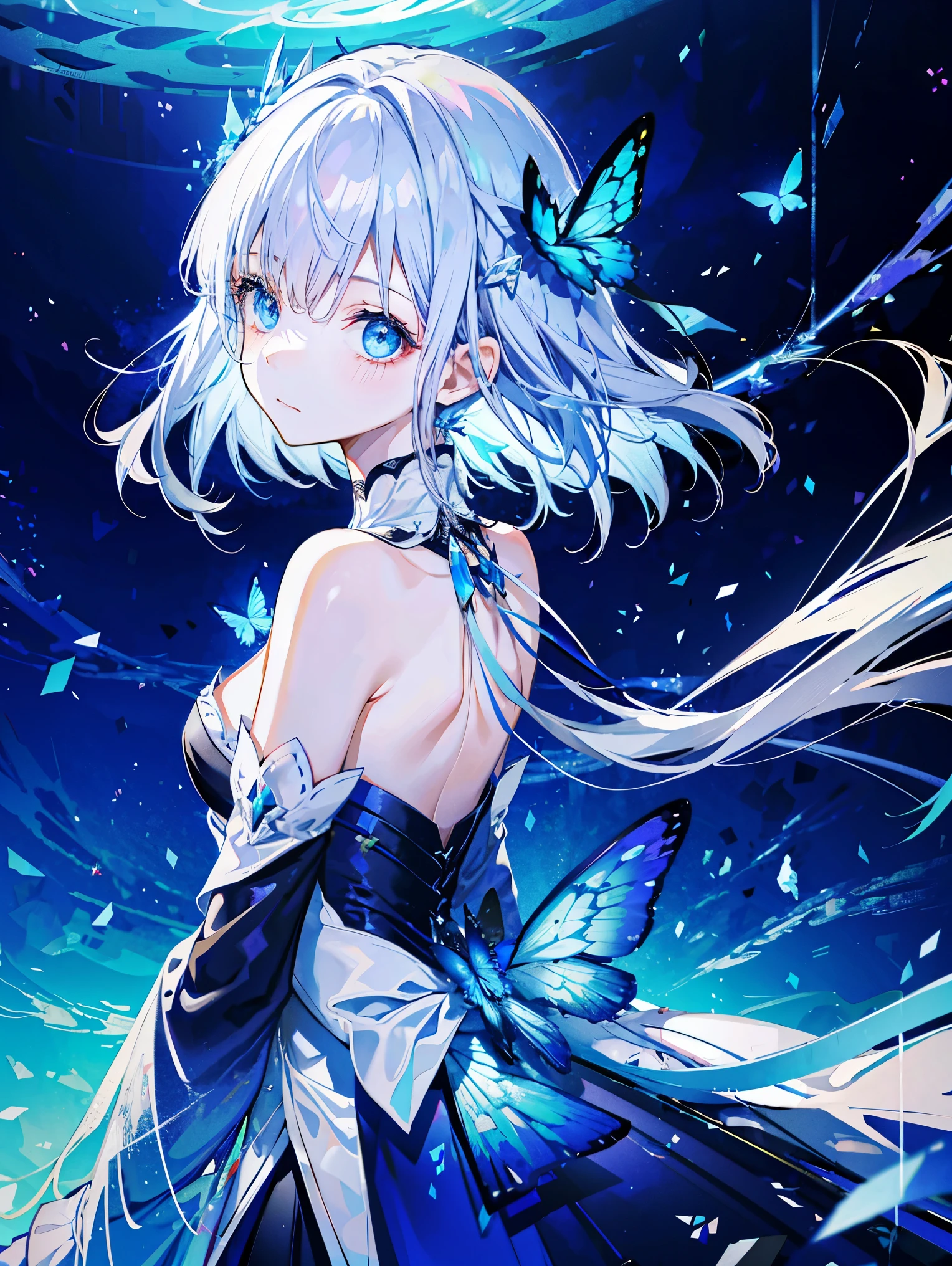 1 girl，  e blue eyes， shift dress， blue dress， gray hair，blue butterfly flying， Reman， particles of light， please shut your mouth， in the room， gem， No sleeve， bare shoulders， by bangs，beautiful and fine eyes， Detailed background，