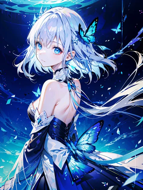 1 girl，  e blue eyes， shift dress， blue dress， gray hair，blue butterfly flying， Reman， particles of light， please shut your mout...