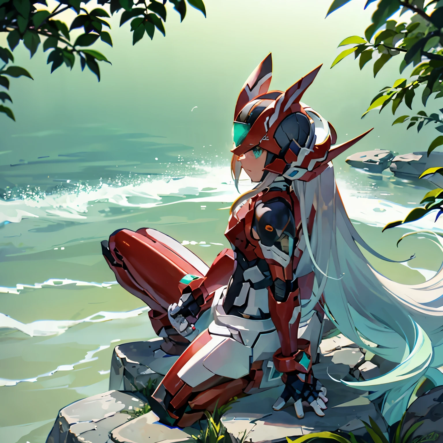 megzeromyth2023,1boy, long white hair, red armor, green energy sword, 8k, uhd, best quality, masterpiece, intricate, overlooking the ocean on the edge of a rock, in the style of avian-themed, realistic yet stylized, villagecore, azure, orange and azure, dragoncore, aerial view