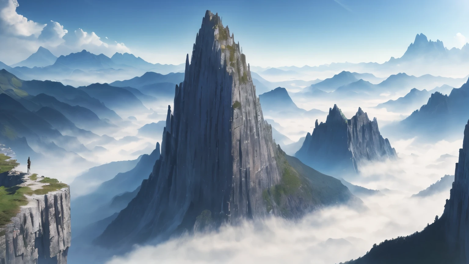 masterpiece, extremely detailed CG unity 8k wallpaper, scenery, outdoors, sky, day, no humans, mountain, landscape, water, (tree:1.2), blue sky, waterfall, cliff, nature, Mountain mist, under the warm embrace of the sun