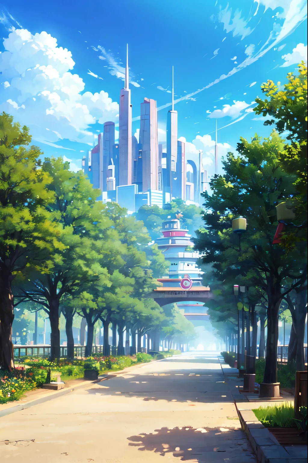 Plasa de la ciudad estilo anime konoha, con muchos arboles, muchas personas alrededor