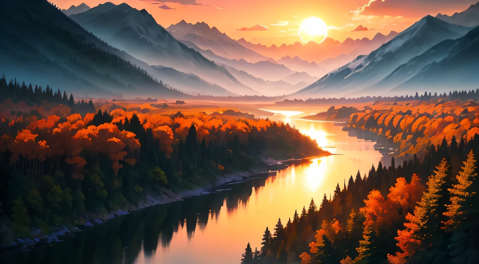 Dusk, river bank, colorful sky, orange sun, mountains, distant mountains, outline, beautiful scenery, under the warm embrace of the sun