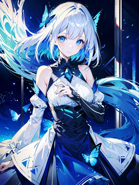 1 girl，  e blue eyes， shift dress， blue dress， gray hair，blue butterfly flying， reman， particles of light， please shut your mout...