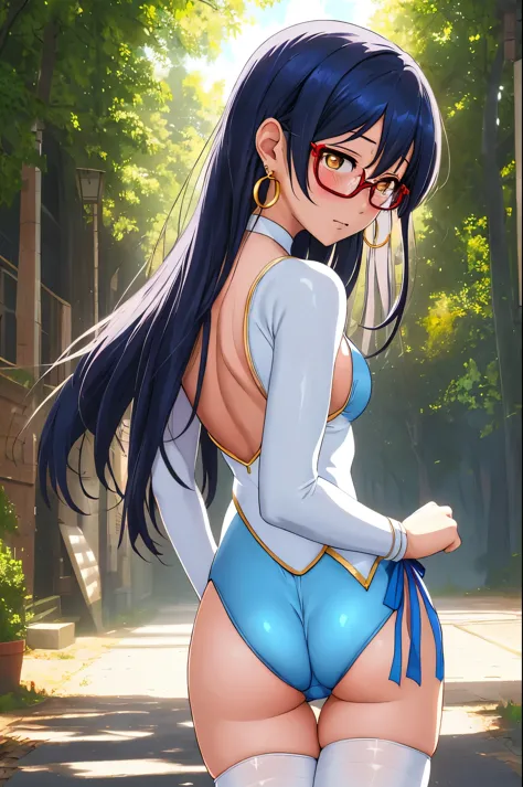 Masterpiece, best quality,Solo, from behind, looking back, cowboy shot,Sonoda umi,(white and blue leotard), magical girl glasses, earrings, thighhighs breasts,outdoors,day, golden eyes, embarrassed,(blushing:1.2)
