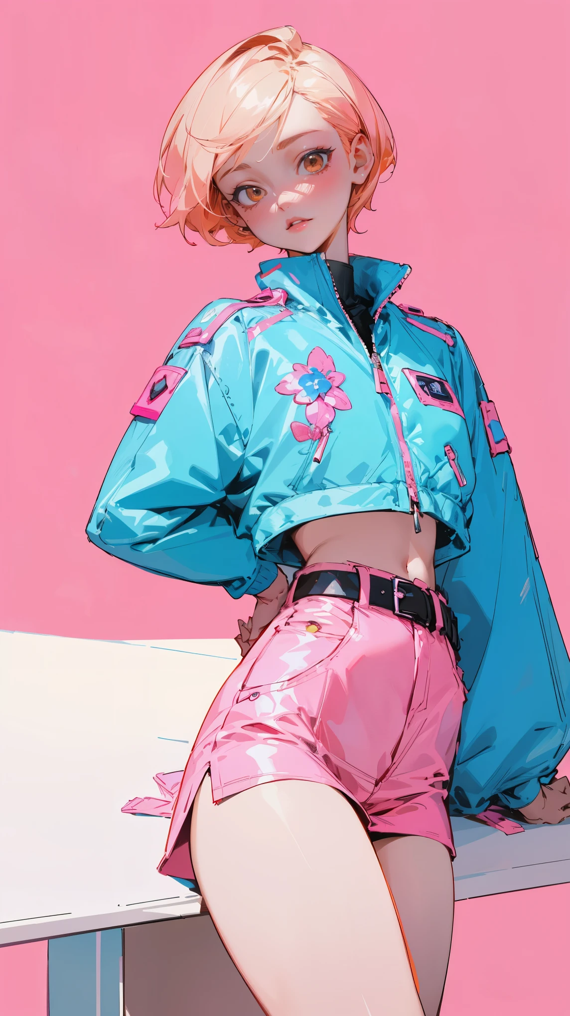 (on the table, best quality) detailed, 1character , blue archive art style , Wearing a light blue jacket, pink belt , Outfit inspired by BLACKPINK, crop top,stunning woman , short hair , blonde hair , orange eyes , no students , pink lips , pale skin , ￼26 years old, 
 , Soft color fade , Cell shadowing ,