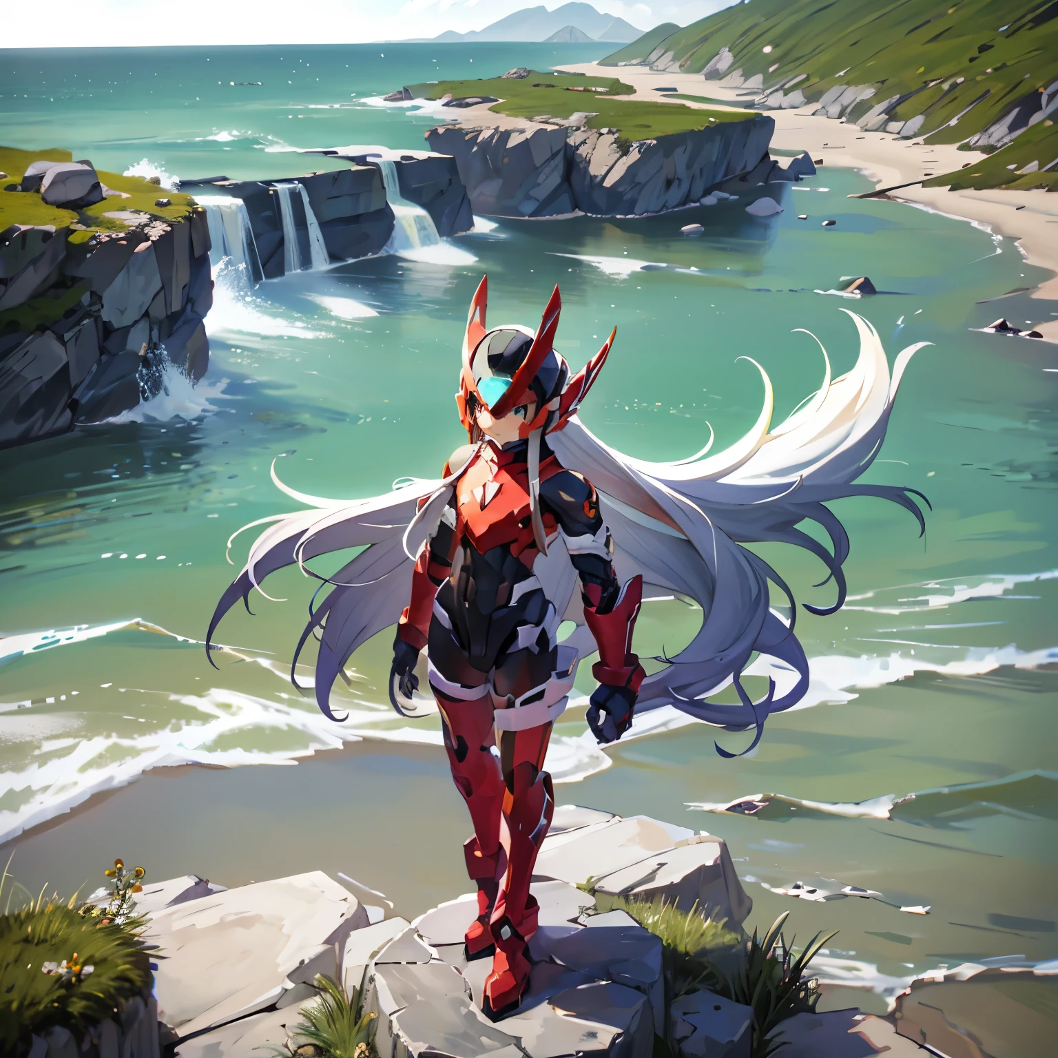 megzeromyth2023,1boy, long white hair, red armor, green energy sword, 8k, uhd, best quality, masterpiece, intricate, overlooking the ocean on the edge of a rock, in the style of avian-themed, realistic yet stylized, villagecore, azure, orange and azure, dragoncore, aerial view
