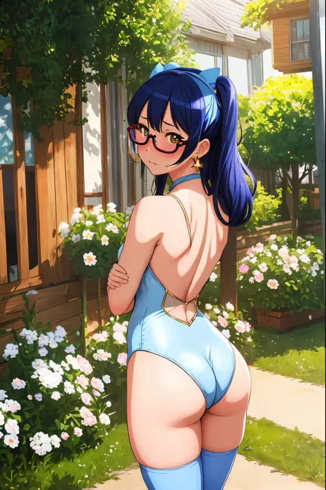 Masterpiece, best quality,Solo, from behind, looking back, cowboy shot,Sonoda umi,(white and blue leotard), magical girl glasses, earrings, thighhighs ,outdoors,day, golden eyes, embarrassed,(blushing:1.2),big ass