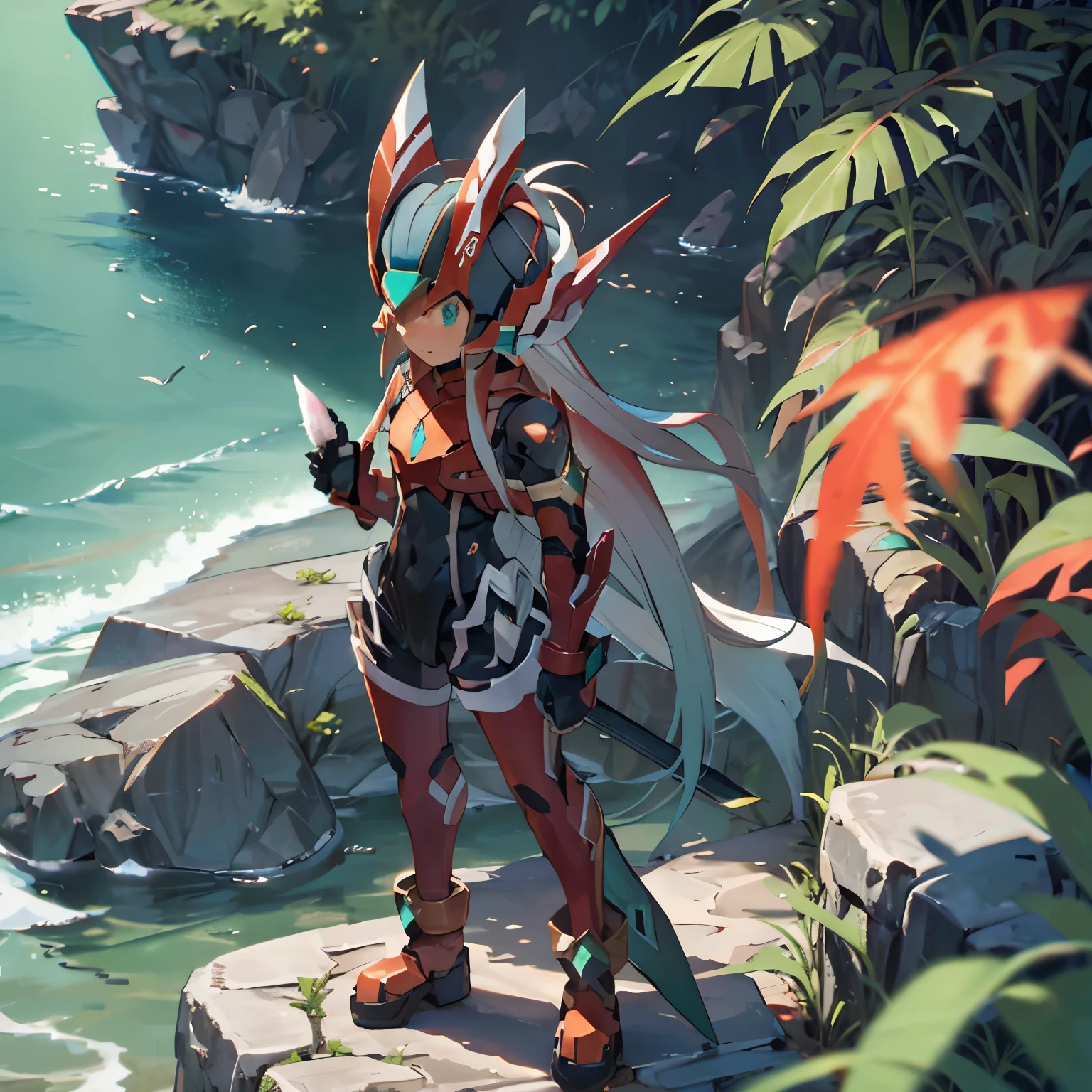 megzeromyth2023,1boy, long white hair, red armor, green energy sword, 8k, uhd, best quality, masterpiece, intricate, overlooking the ocean on the edge of a rock, in the style of avian-themed, realistic yet stylized, villagecore, azure, orange and azure, dragoncore, aerial view