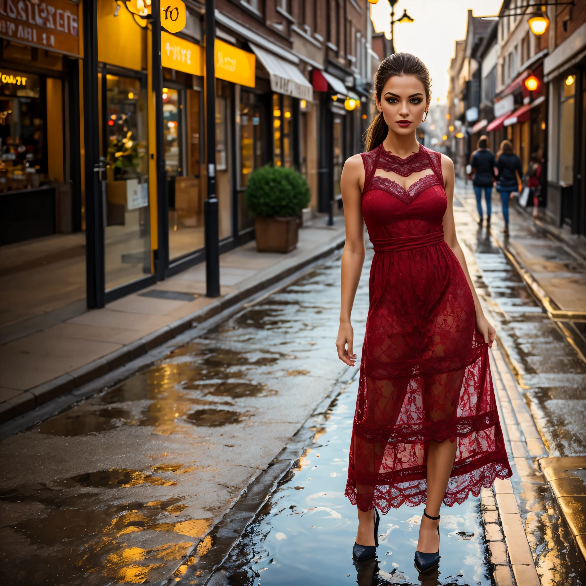 (best quality,8k, ((wearing lace maxi dress)),standing,red light district,highly detailed face and skin texture,detailed eyes,double eyelids),portrait,sunny atmosphere,soft focus,warm color tones,subtle backlighting,dewdrops on lashes,urban landscape,reflection on wet pavement,moody aesthetic. Body main focus,  