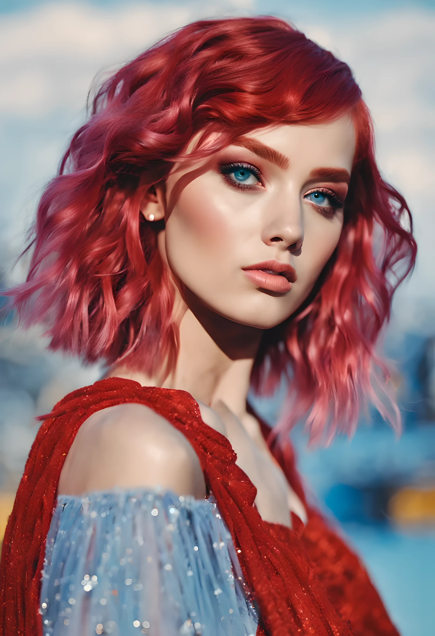 gros plan fille naturelle et cinématographique moderne coupe bob moyenne cheveux ondulés cheveux rouge bleuâtre tresses colorées maquillage ombres à paupières bleu rougeâtre, les sourcils, cheveux scintillants vif heureux